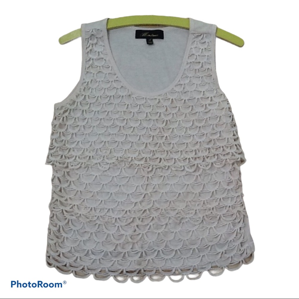 100% Cotton Cream Ivory White Tiered  Crochet‎ Lace Scallop Sleeveless Top Large